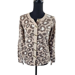 Boden Button-Up Sweater Women’s US Size 8 Animal Print Brown Beige Arty Buttons